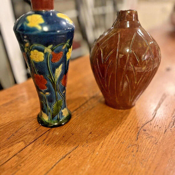 Brown and Blue Yellow Floral Glazed Vases (2) Artist signed - Picture 1 of 9